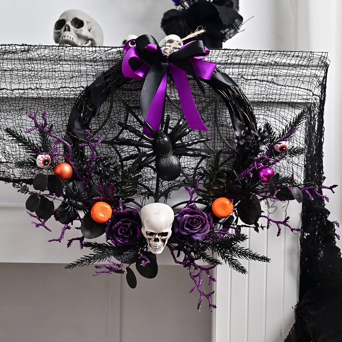 Wieniec na Halloween, dekoracja drzwi, symulowana czaszka, 45*50 CM, dekoracja, odpowiedni na imprezy grozy, nawiedzone domy (pająk)