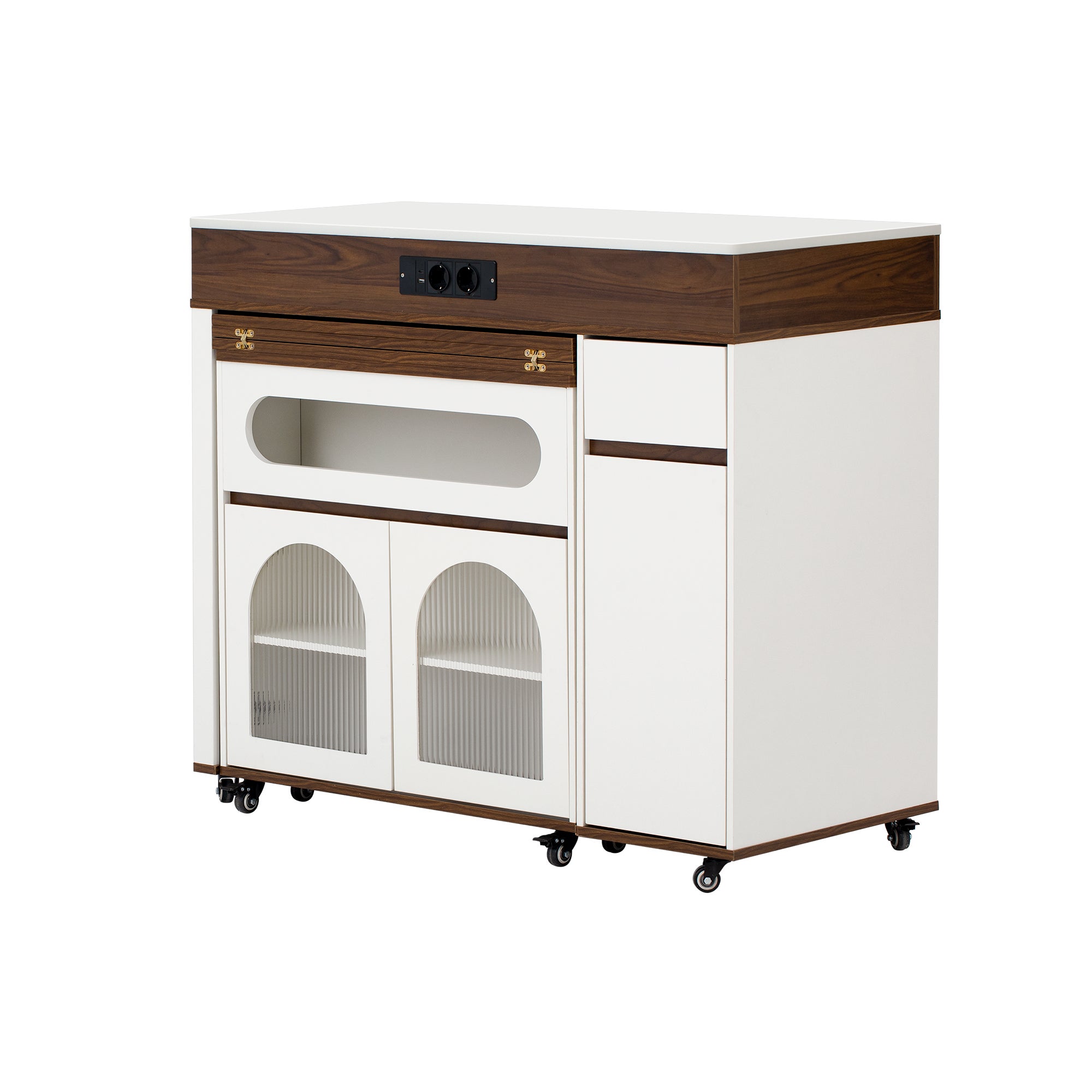 Îlot de cuisine mobile avec porte vitrée,Table de salle à manger extensible avec prise électrique et 1 tiroir,Blanc+Noyer,50.5-187.5×110.5×95.5cm - 7