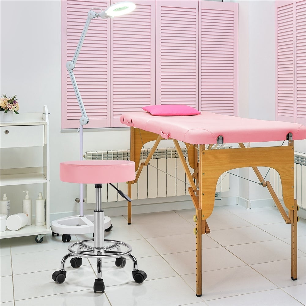 Tabouret Rond à Roulettes avec Assise Réglable en Hauteur et Revêtement en Similicuir Rose Yaheetech - 3