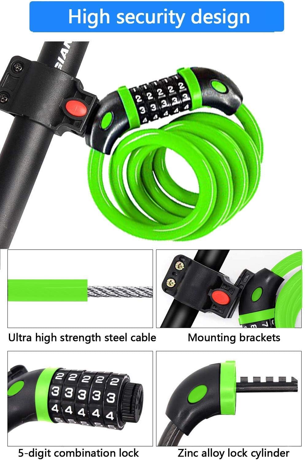 Antivol Vélo Ainiv - Câble 120cm X 8mm Avec Code 4 Chiffres - Pour Vélo, Scooter, Motos - Noir