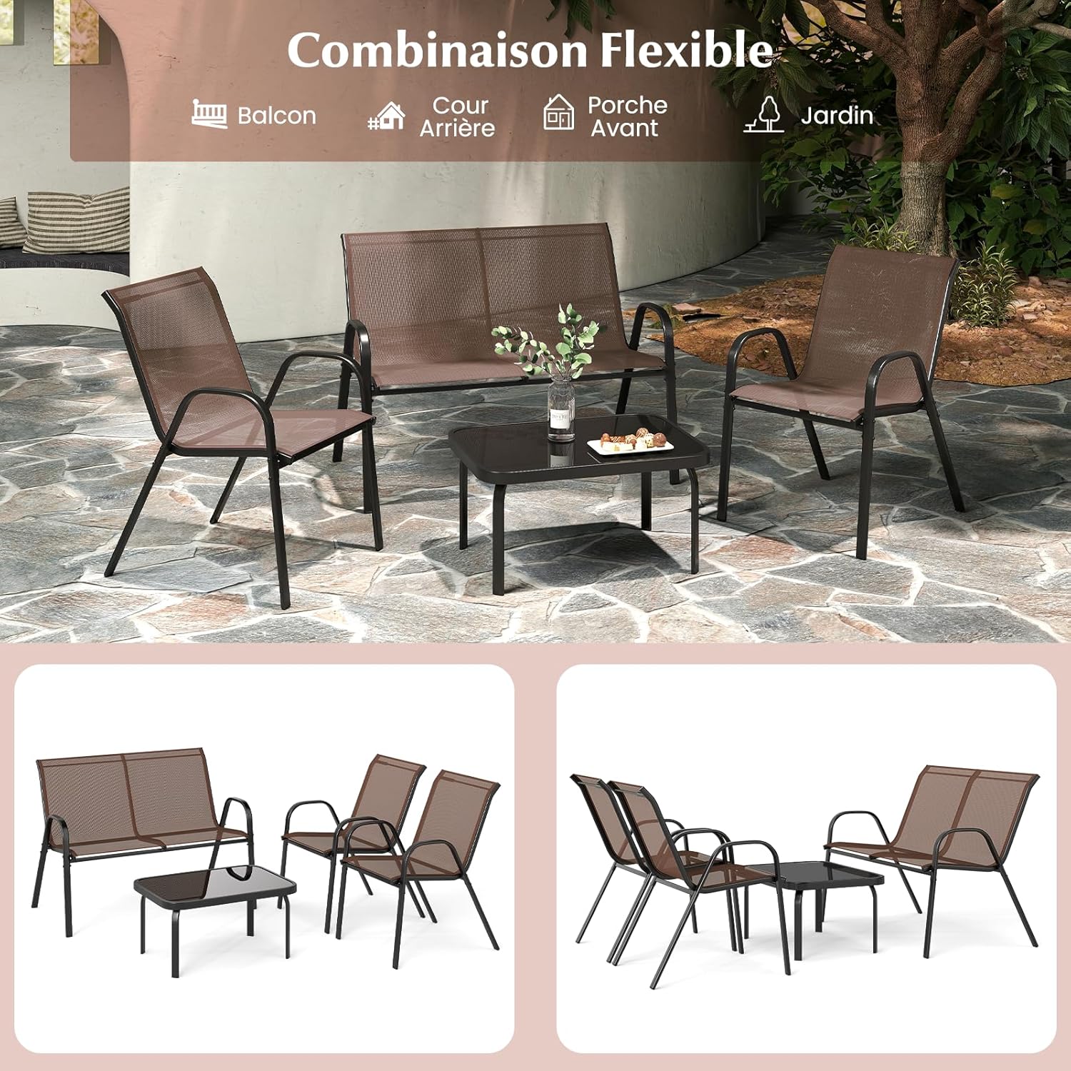 Salon de Jardin 4 Personnes Exterieur, 4 Pcs Canapé Exterieur avec Table Basse en Verre Trempée, 2 Fauteuils, pour Terrasse,Balcon (Brun) - 3