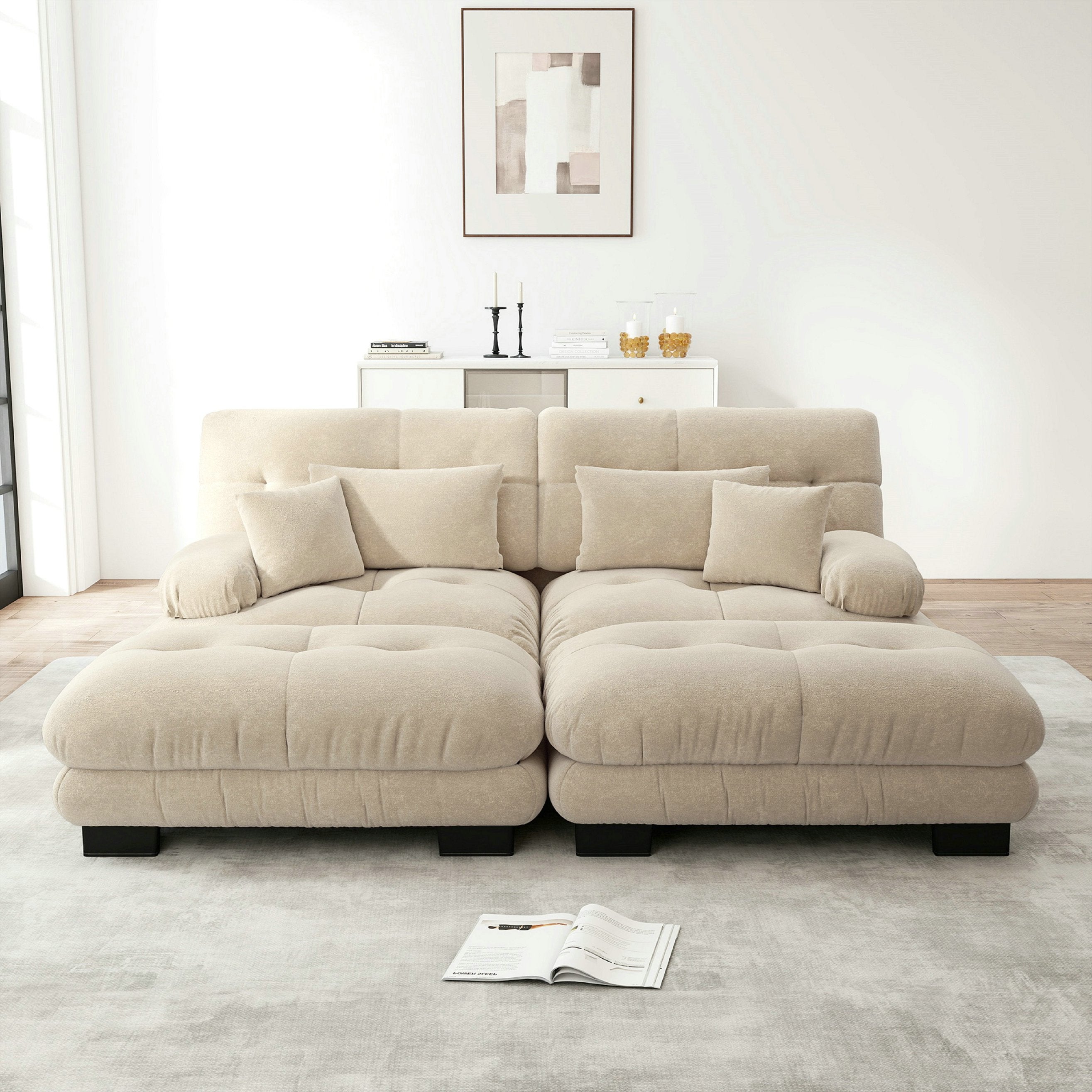 Canapé d\'angle deux places, avec 2 coussins lombaires et 2 coussins décoratifs, avec larges accoudoirs – chenille – marron clair - 3