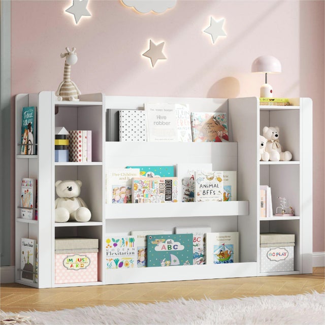 Librería infantil con estantes abiertos y espacio de almacenaje, esquinas redondeadas, para dormitorio infantil, MDF, 140 × 30 × 95 cm, blanco EVRYAE