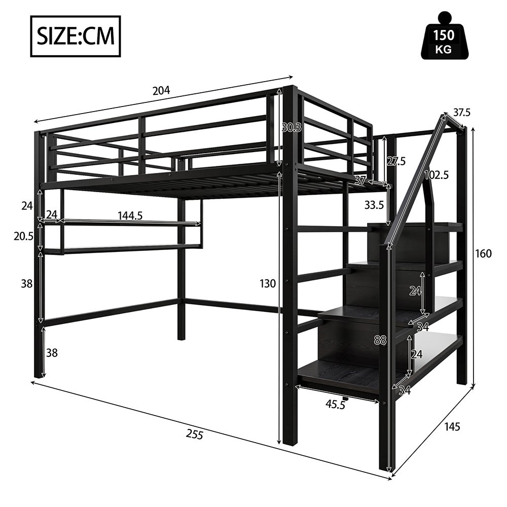 Lit Mezzanine Enfant 140x200 Cm Avec Rangement Et LED - Structure Métal Noir, échelle, Balustre - Sans Matelas