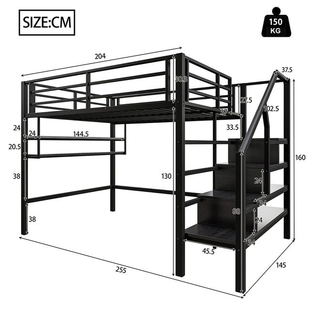 Lit Mezzanine Enfant 140x200 Cm Avec Rangement Et LED - Structure Métal Noir, échelle, Balustre - Sans Matelas
