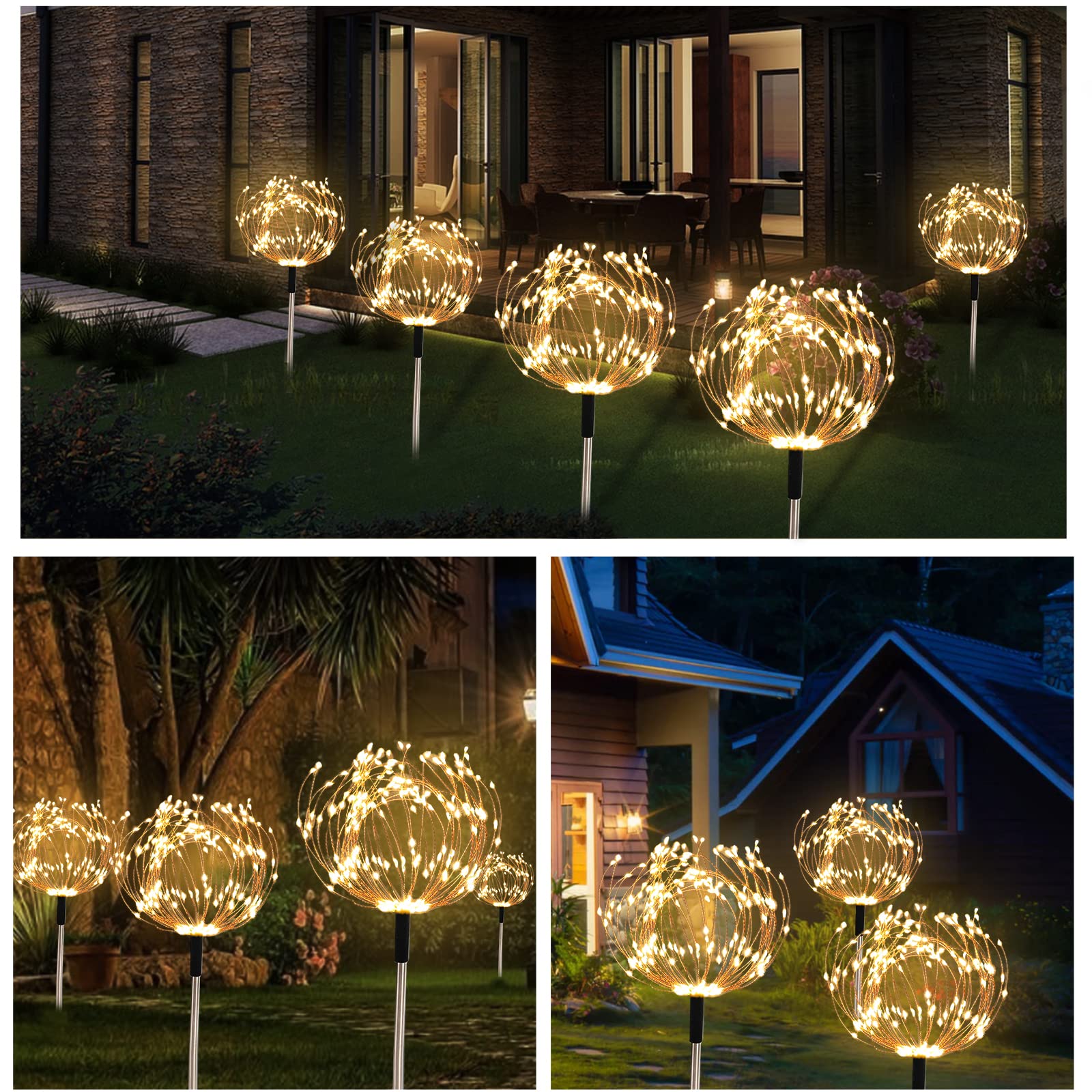 Lot de 4 lampes solaires de jardin 480 LED pour chemin, feux d'artifice, étanches, 8 modes d'éclairage avec télécommande pour terrasse,cour - 6