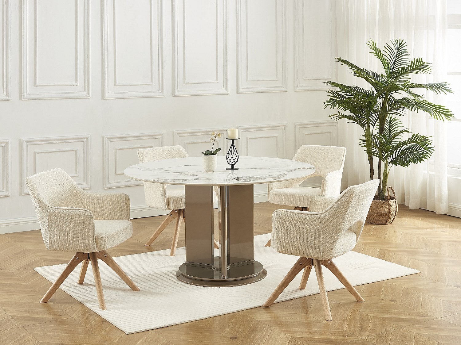 Zestaw 6 krzeseł obrotowych z podłokietnikami z tkaniny i drewna dębowego - Kremowy - KONYA