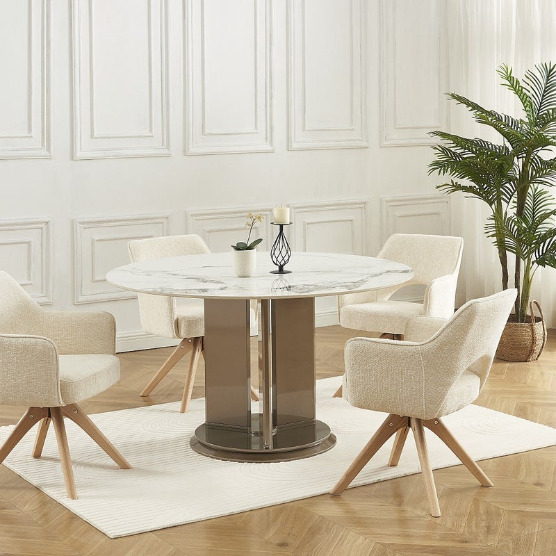 Zestaw 6 krzeseł obrotowych z podłokietnikami z tkaniny i drewna dębowego - Kremowy - KONYA