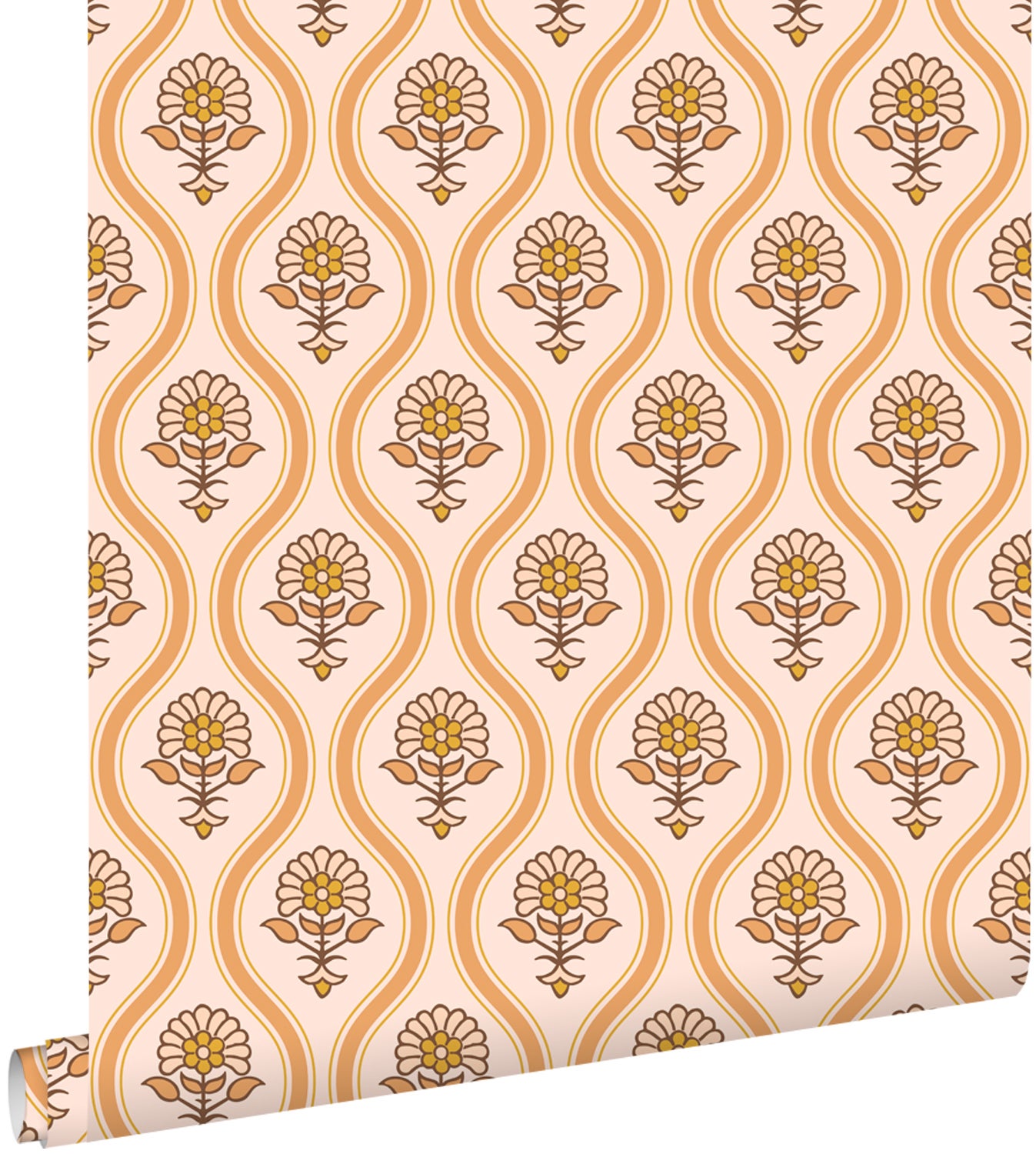 Tapeta zabytkowe kwiaty pomarańczowymIbeżowym - 50 x 900 cm - ESTAHOME