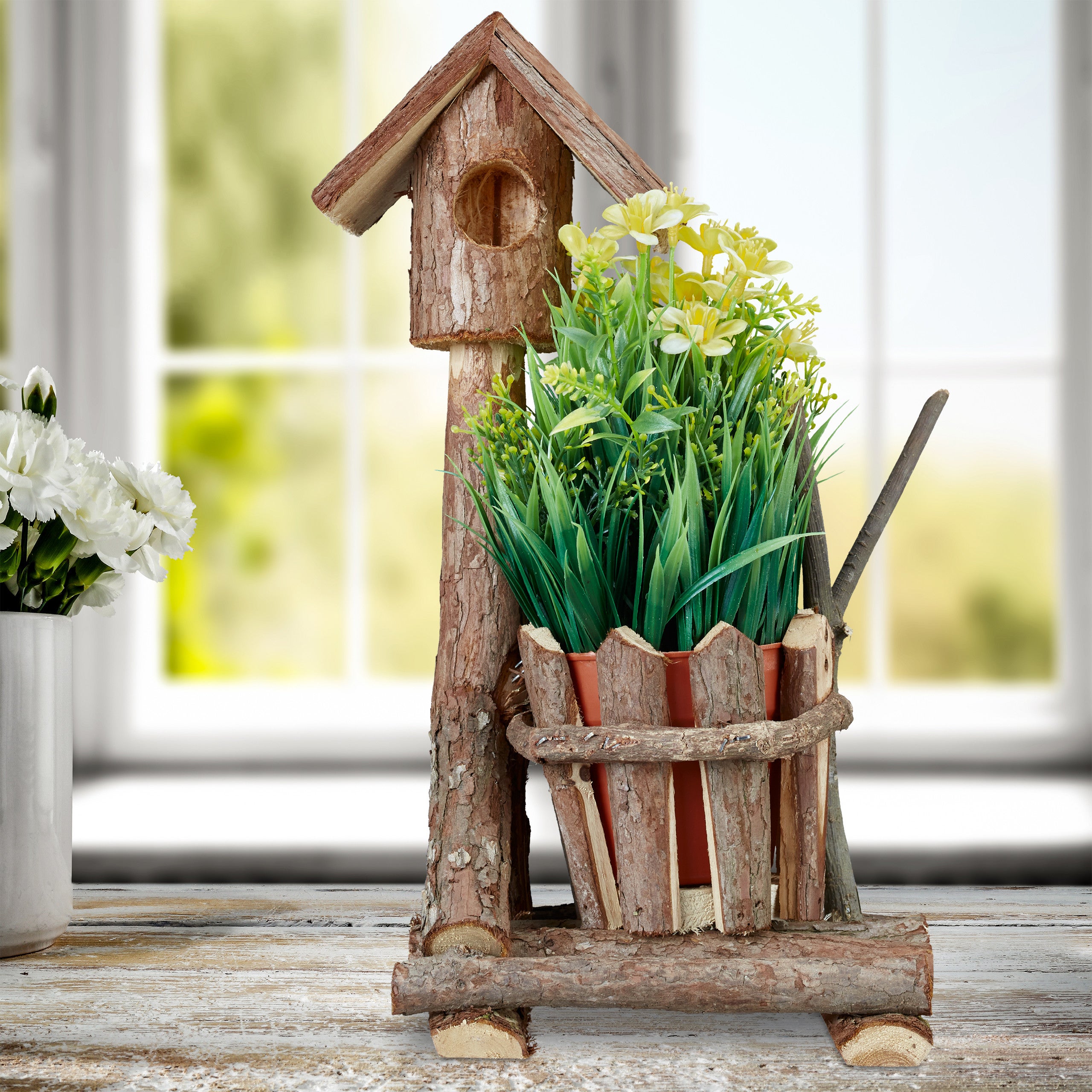 Relaxdays Pot de fleurs en bois, avec maison d’oiseau de déco & de la mousse, rond, décoration rustique, marron - 2