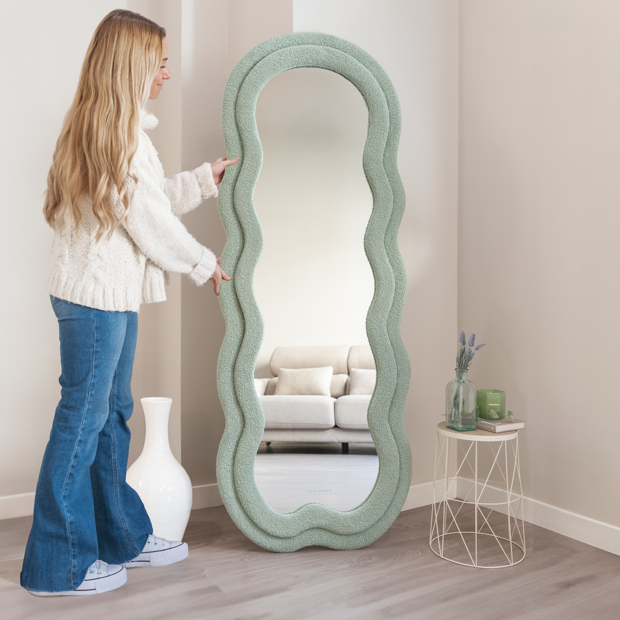 Flamingueo Specchio da Terra Specchio da Parete Lungo Specchio Grande Teddy Ondulato Decorazioni Camera da Letto 160x60x4 cm - 3