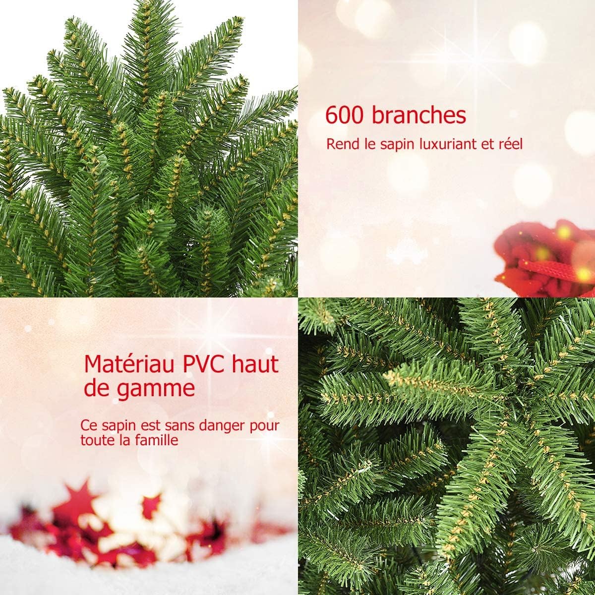 Sapin De Noël Artificiel Huracan 150 Cm Avec éclairage LED - Branches PE/PVC Réalistes, Pied En Bois - Inclut Décorations Et Sac De Rangement