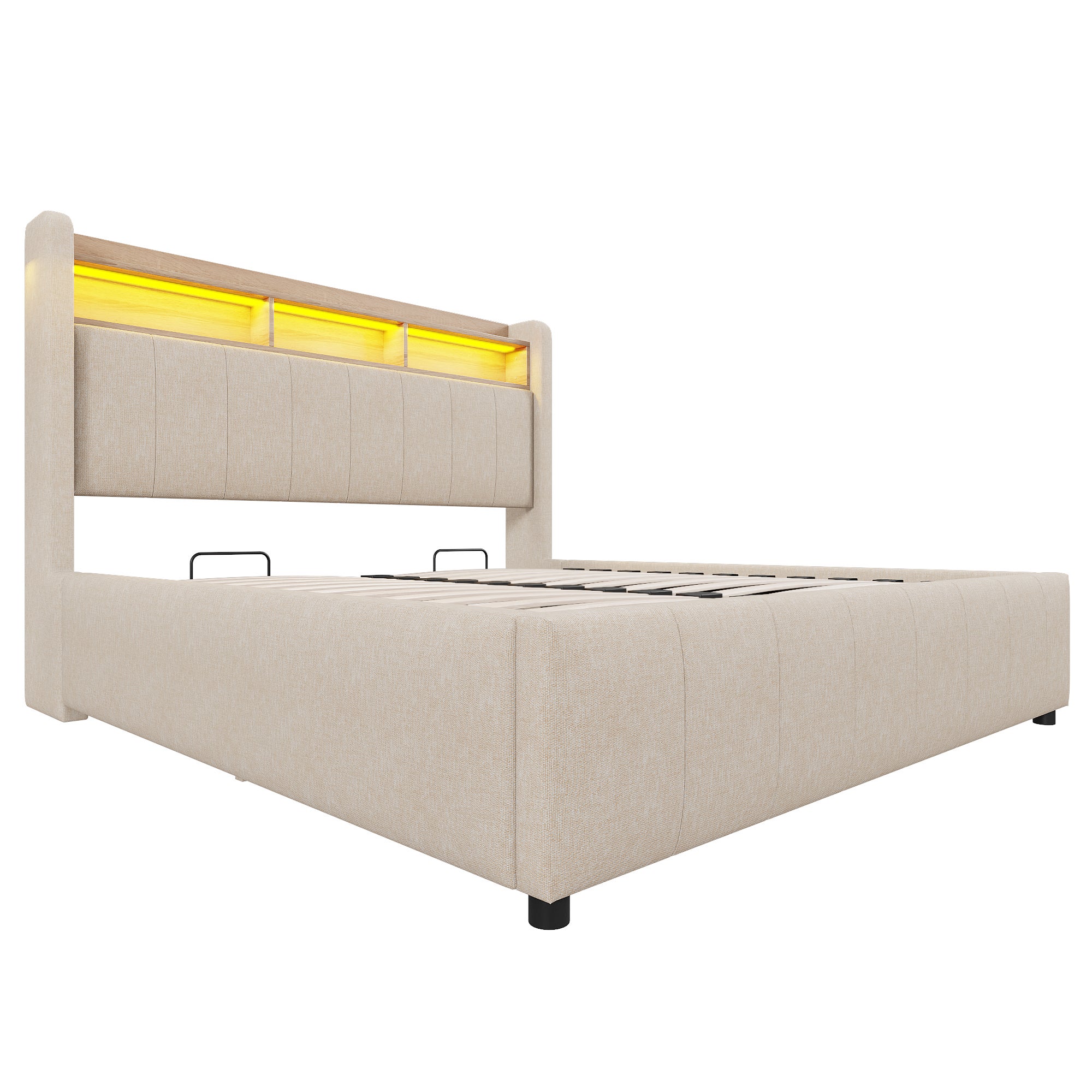 Lit double Lit coffre 140x200 cm avec LED et USB, tête de lit avec rangement, lin beige, sans matelas - 6
