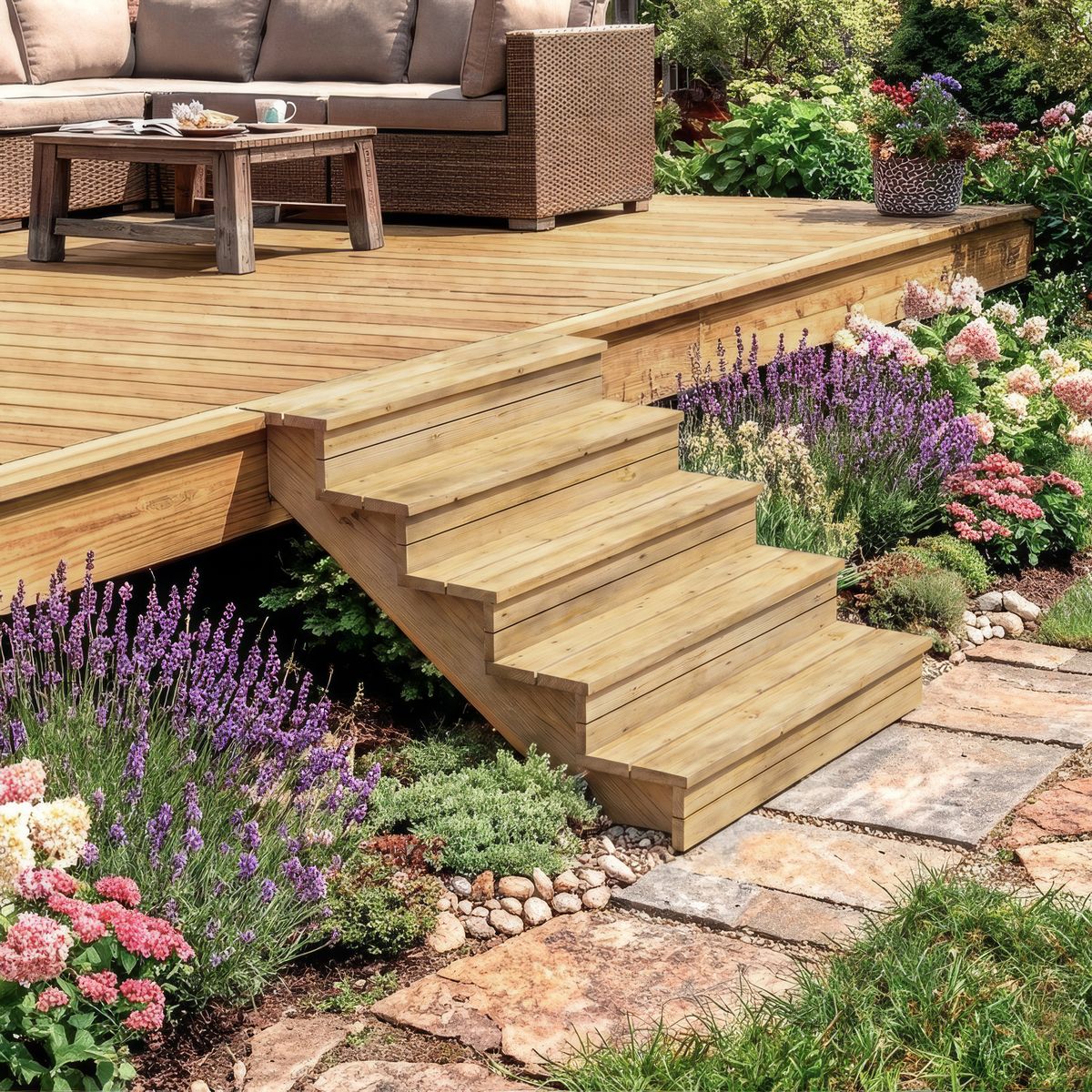 Escalier Bois Exterieur - 3 Marches Pleines - Largeur : 1m20 - Hauteur : 51cm - Avec Contremarches - Pin du Nord - Traité Autoclave - 2