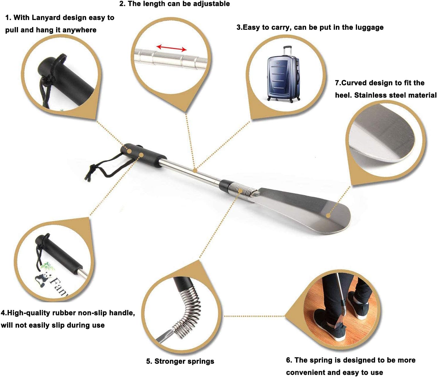 Chausse-pied haut de gamme avec manche long, 40,6 cm à 78,7 cm, extenseur réglable - extensible et pliable, en acier inoxydable - 2