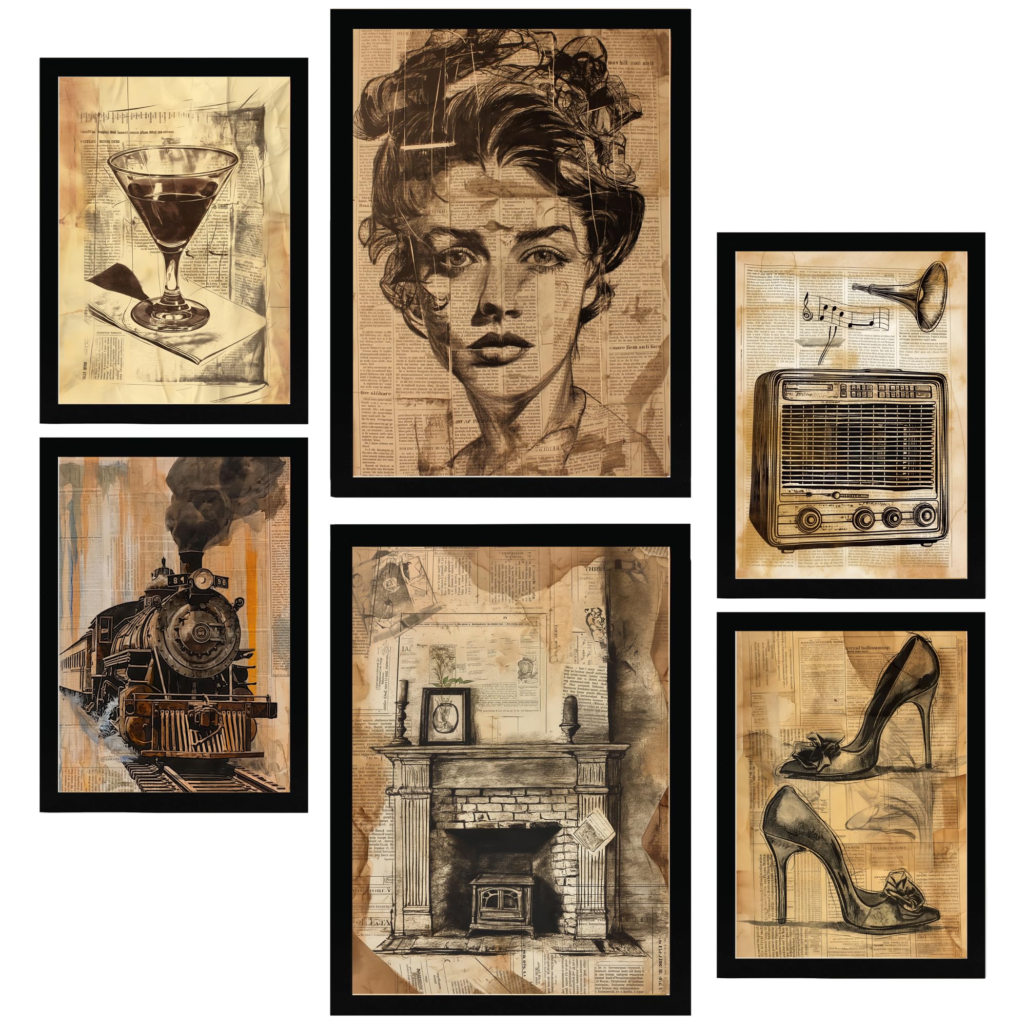 Set de 6 vintage life. wine, train shoes, radio, woman. wine, train shoes radio woman cuadros con ilustración de diseño para decorar a3 a4 marco negro