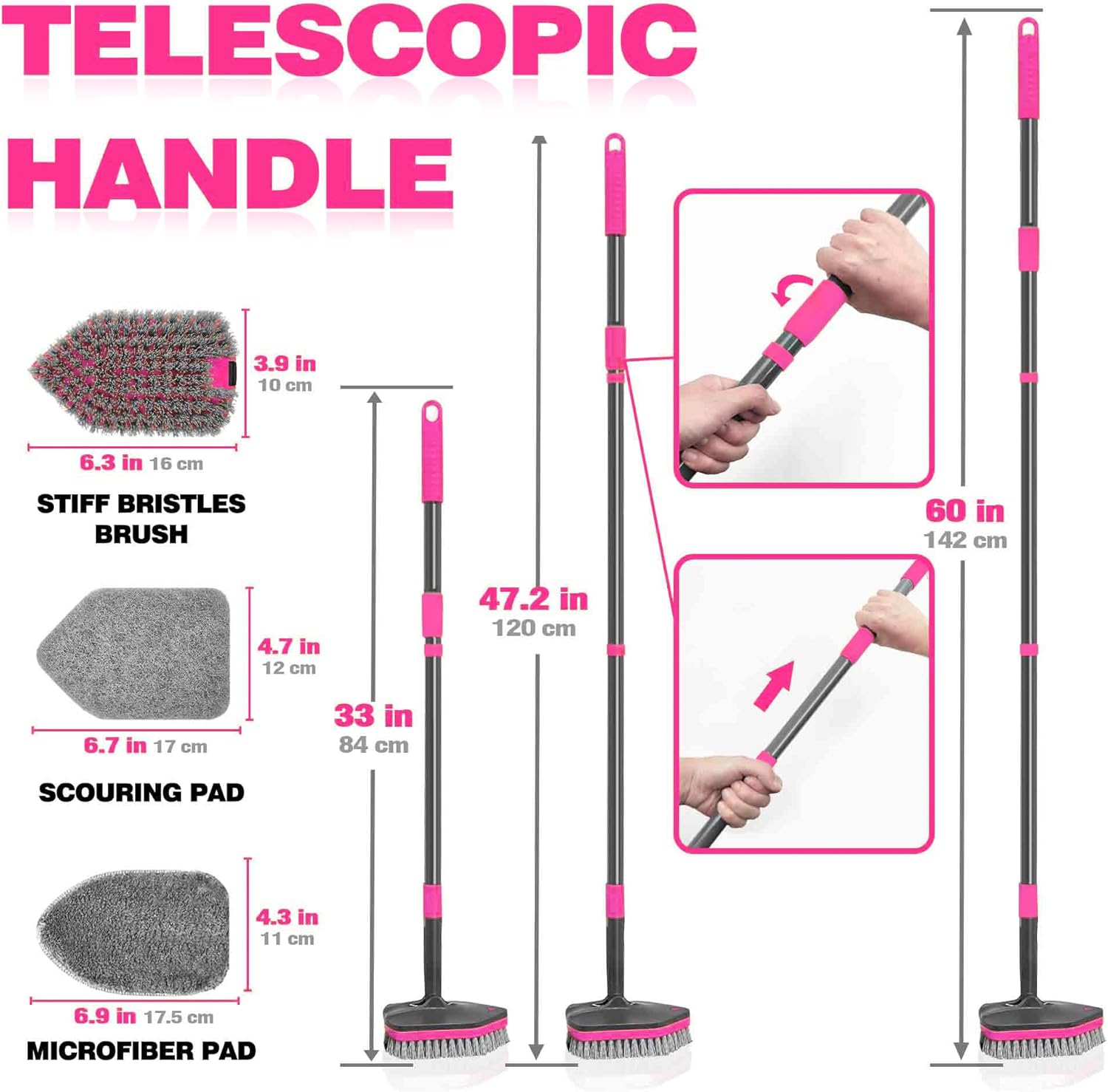 Brosse de nettoyage, brosse à récurer avec long manche télescopique, 142 cm, 4 têtes de lavage pour nettoyer salle de bain, baignoire, sol, plinthes, - 2
