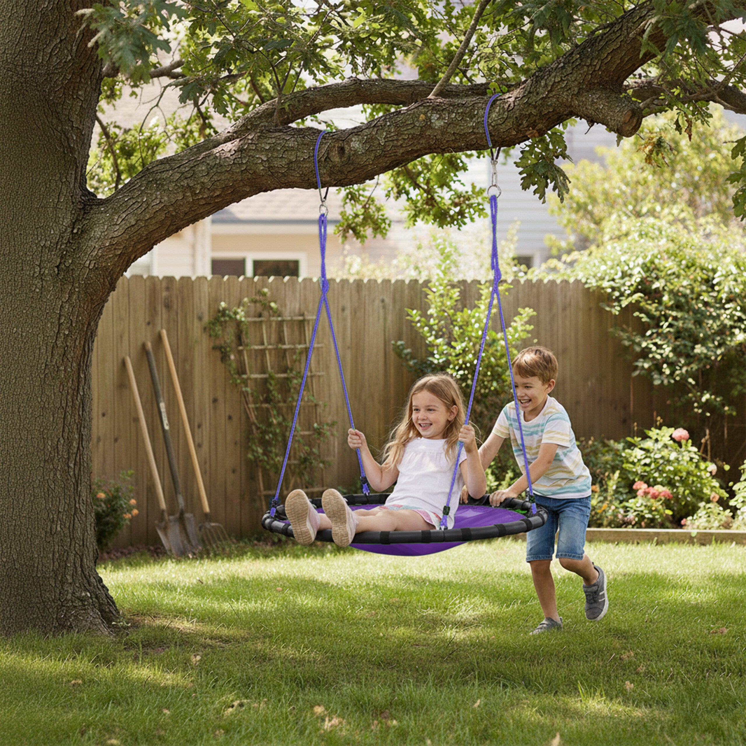 Balançoire nid d'oiseau rond 80 cm à suspendre panier enfant adulte jardin extérieur 100 kg, violet, Relaxdays - 2