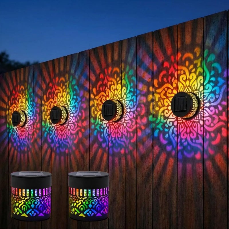 Zestaw 2 solarnych lamp ściennych w kształcie mandali, siedem zmieniających kolorów, dekoracyjna metalowa lampa projekcyjna do użytku na zewnątr