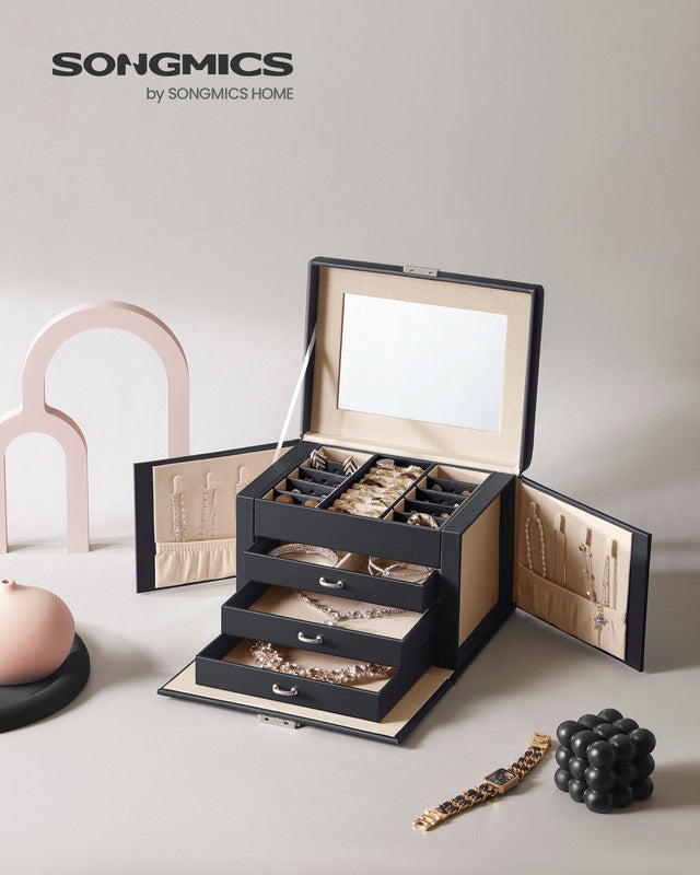Boîte à Bijoux 4 Niveaux, avec Poignées, 3 Tiroirs, Miroir, Serrure, Rangement Bijoux pour Voyages, Surface Noir d'Encre, Doublure Beige Sable - 2