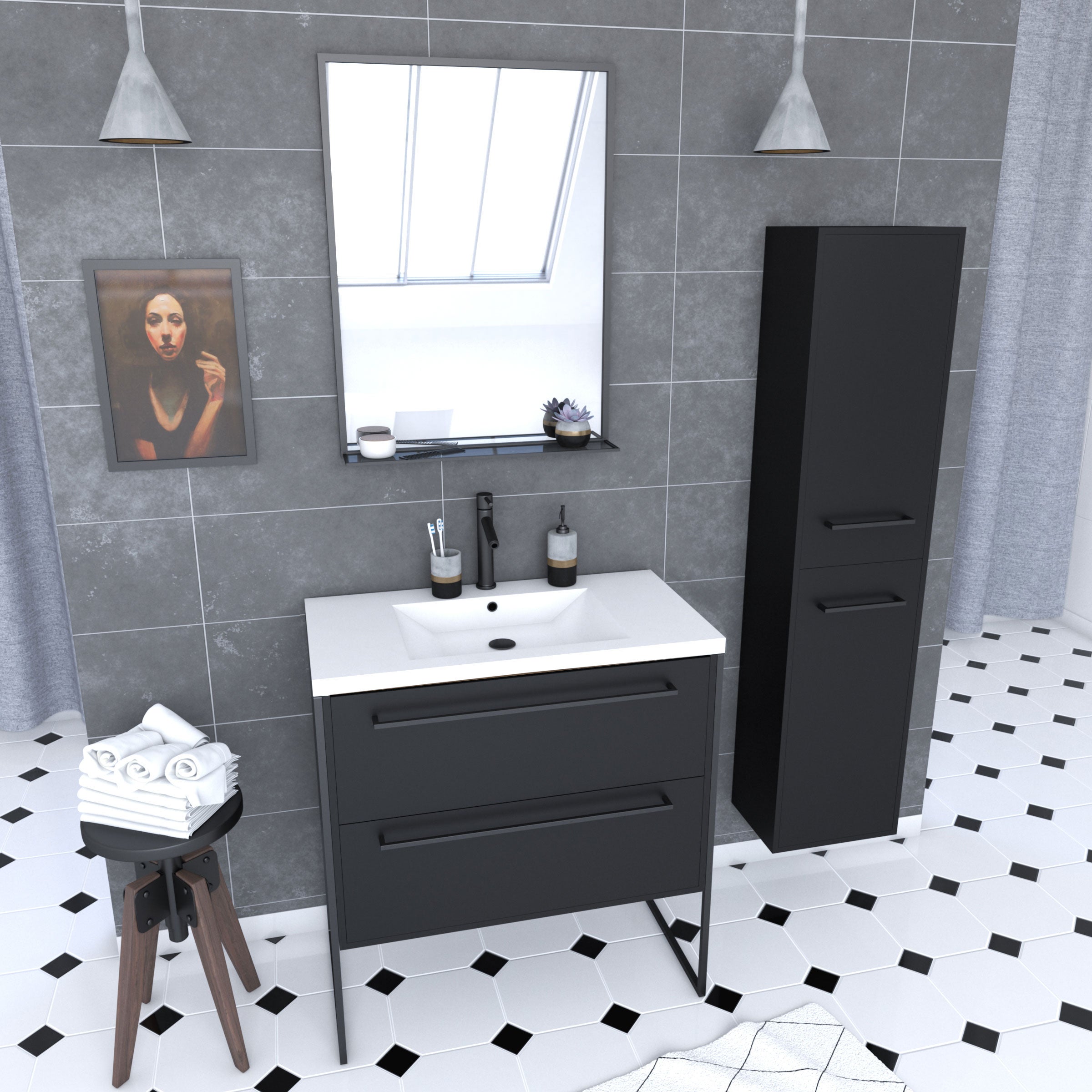 Meubles De Salle De Bain Avalon 80 Cm Avec Meuble Colonne Noir Mat