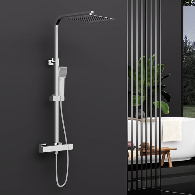 Colonna doccia con miscelatore termostatico,AICA ITALY soffione quadrato 25x25cm in acciaio inox, cromato lucido