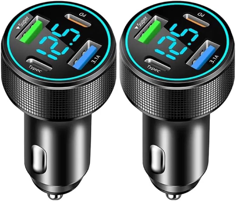 Ładowarka samochodowa USB C z 4 portami, ładowarka samochodowa QC3.0 66 W i ładowarka samochodowa PD 30 W z woltomierzem LED (2 sztuki)