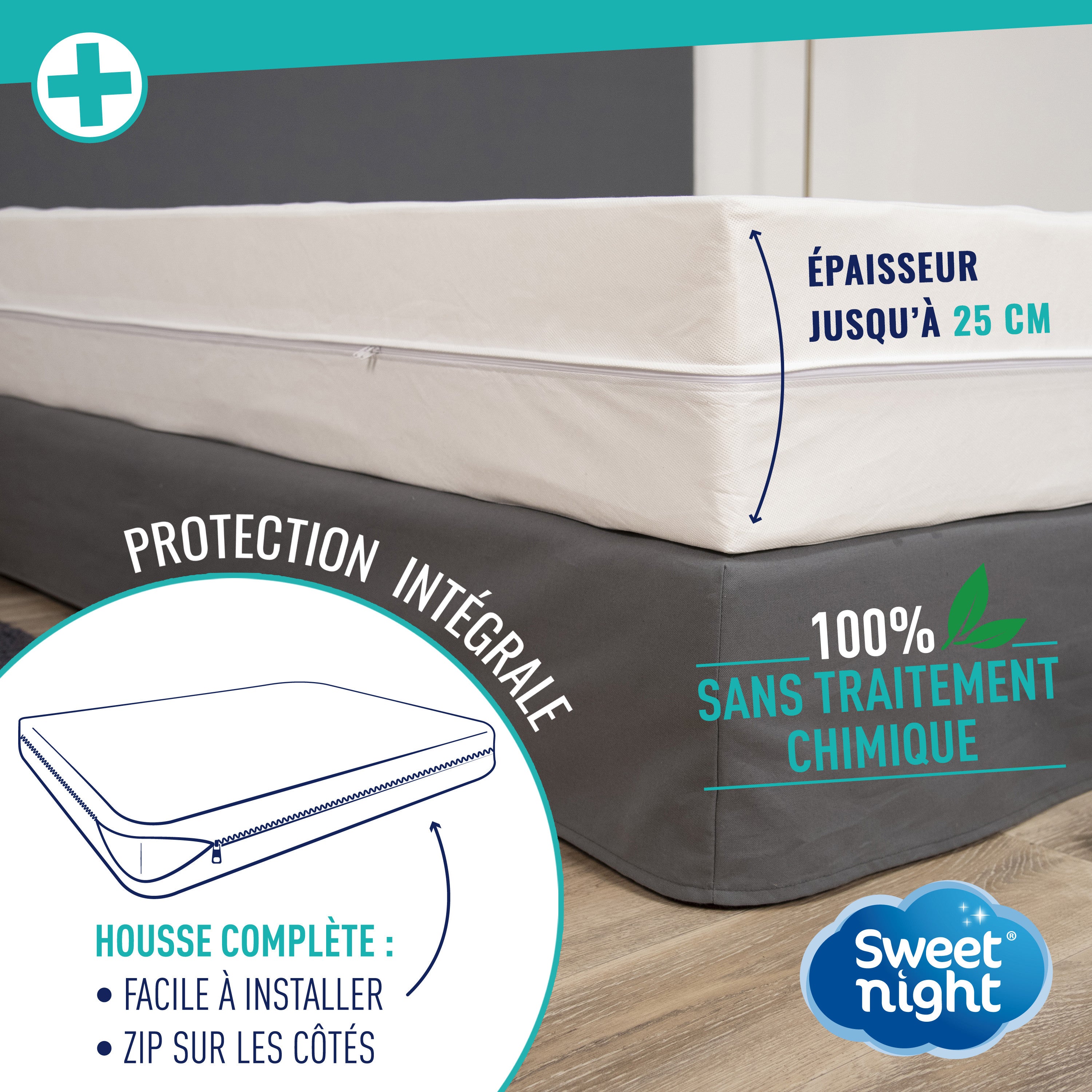 Housse intégrale matelas 90x190x25 cm | Anti-Punaise de lit | Fermeture à glissière | Sans traitement chimique - 4
