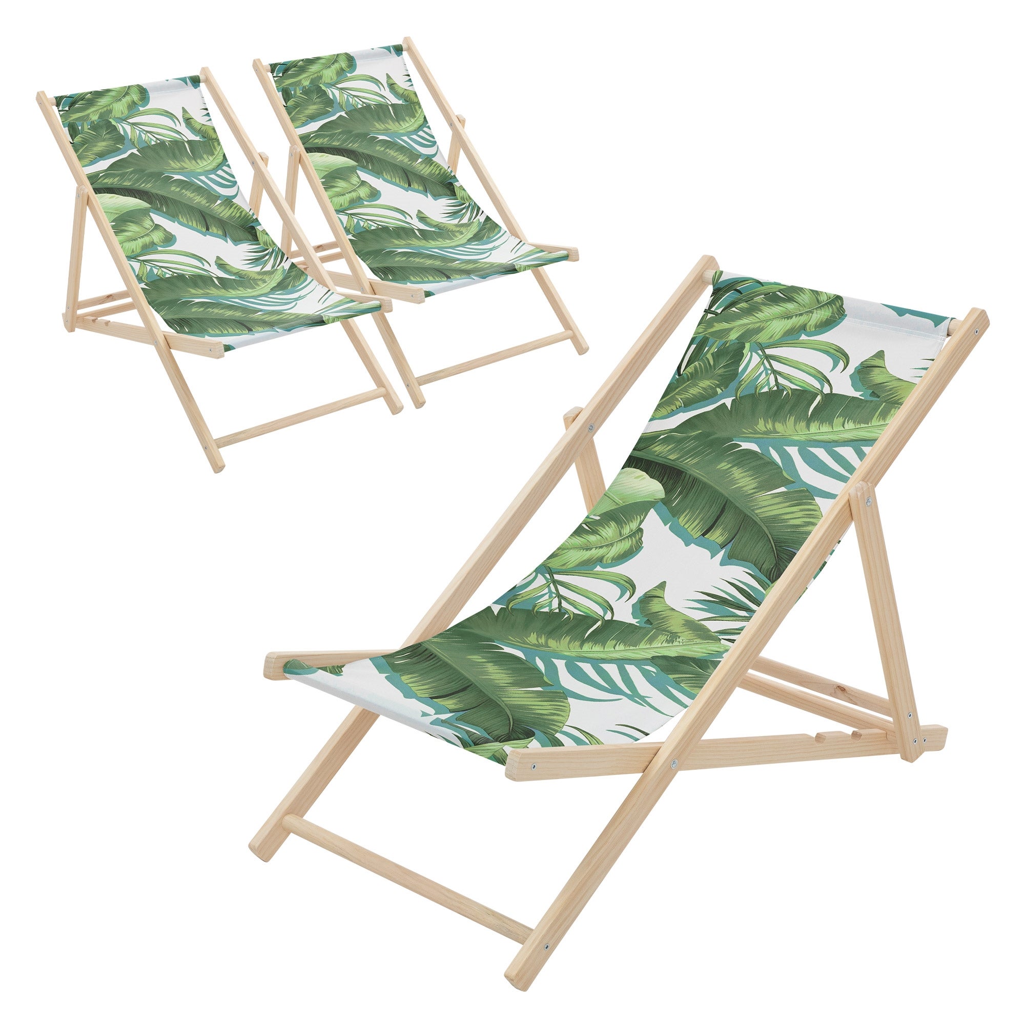 ECD Germany 3x lezak plażowy tropical zielono biały drewniany 3-pozycyjny do 120 kg krzesło relaksacyjne balkon taras ogród komfortowy stabilny