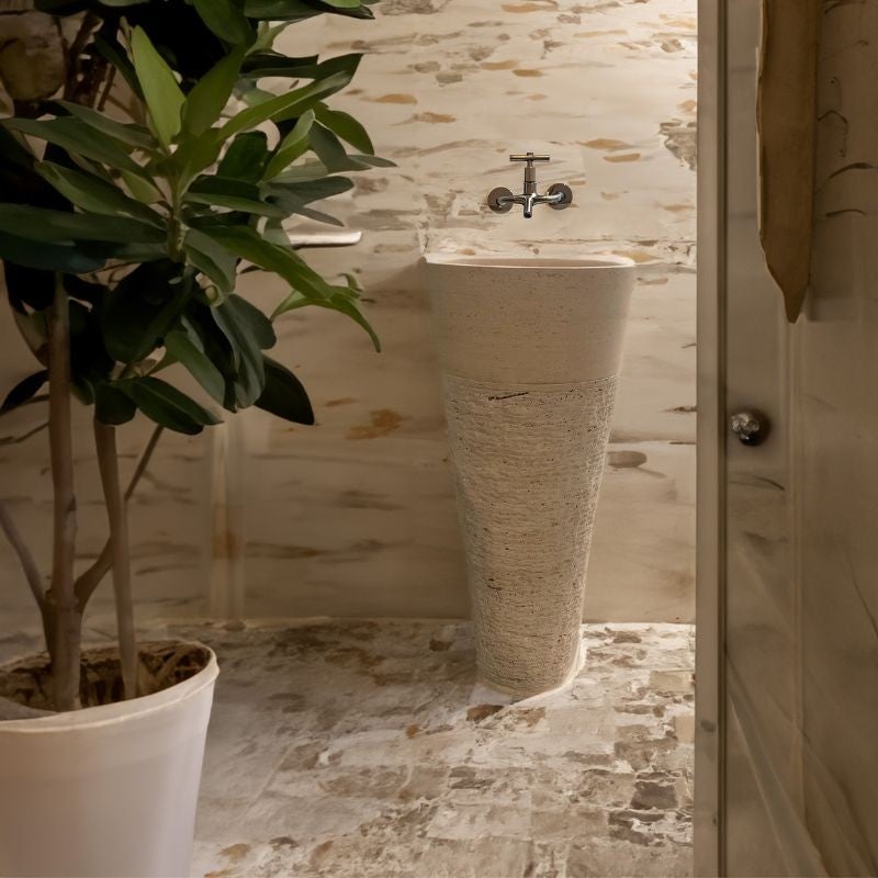Vasque sur Pied en pierre naturelle Travertin beige layée - 2
