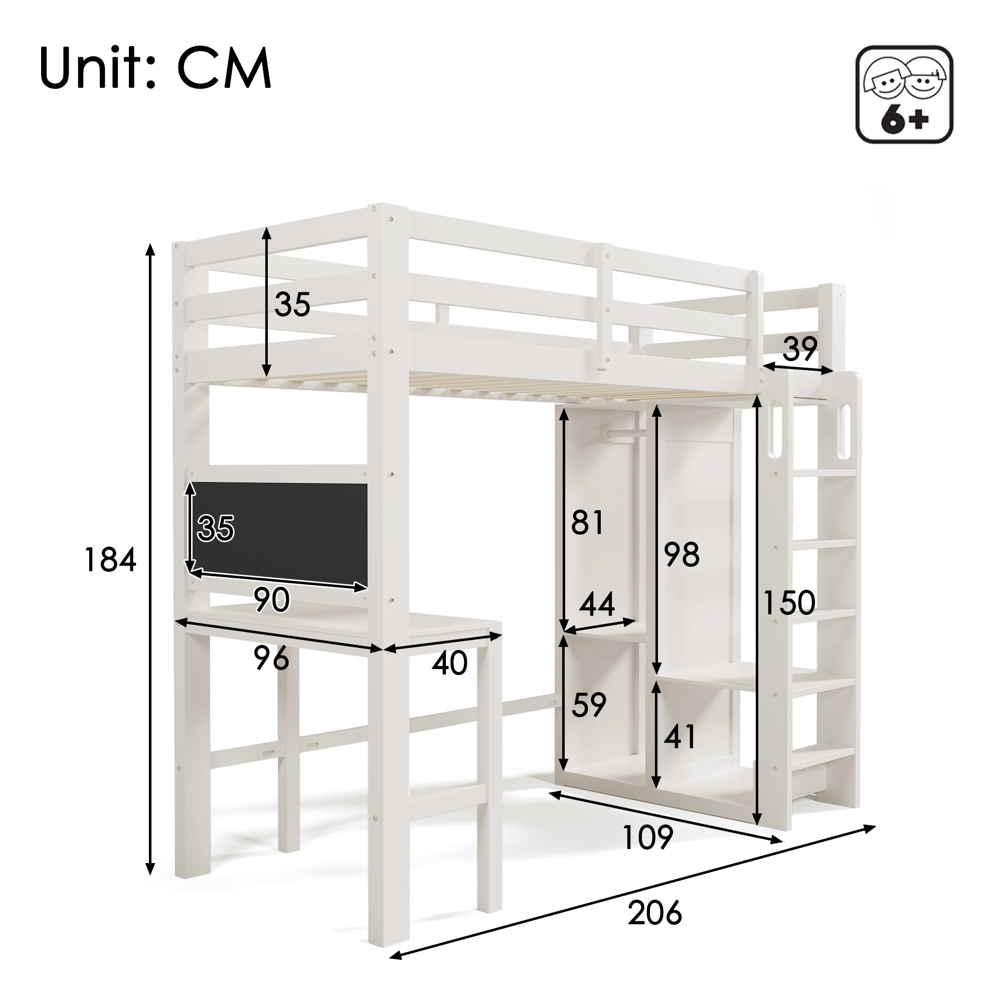 Lit mezzanine 90x200 cm en bois de pin - avec bureau, armoire et étagères - Blanc - 5