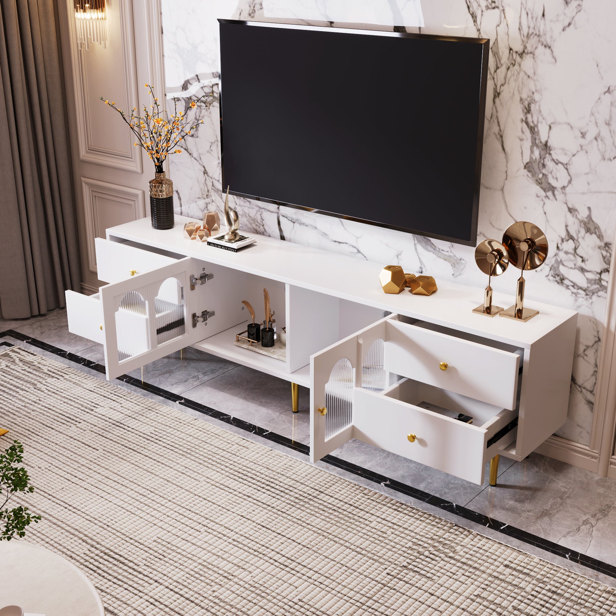 Mobile TV Moderno Con Ante Strutturate E Maniglie Dorate - 170x40x45.5cm | Nero/Grigio Con Piedini Oro - Foto 5