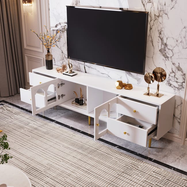 Mobile TV Moderno Con Ante Strutturate E Maniglie Dorate - 170x40x45.5cm | Nero/Grigio Con Piedini Oro - Foto 5