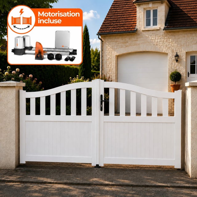 Portail battant électrique PVC blanc avec moteur Sentinel H 180 x L 300 HAMBOURG GALBÉ