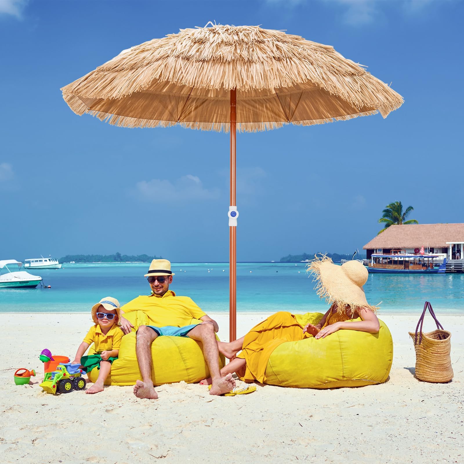 Parasol de Jardin Ø175CM en Paille PE, Parasol de Plage Style Hawaïen Inclinable 40° 8 Baleines Hauteur Réglable, Sac de Transport GIANTEX - 2