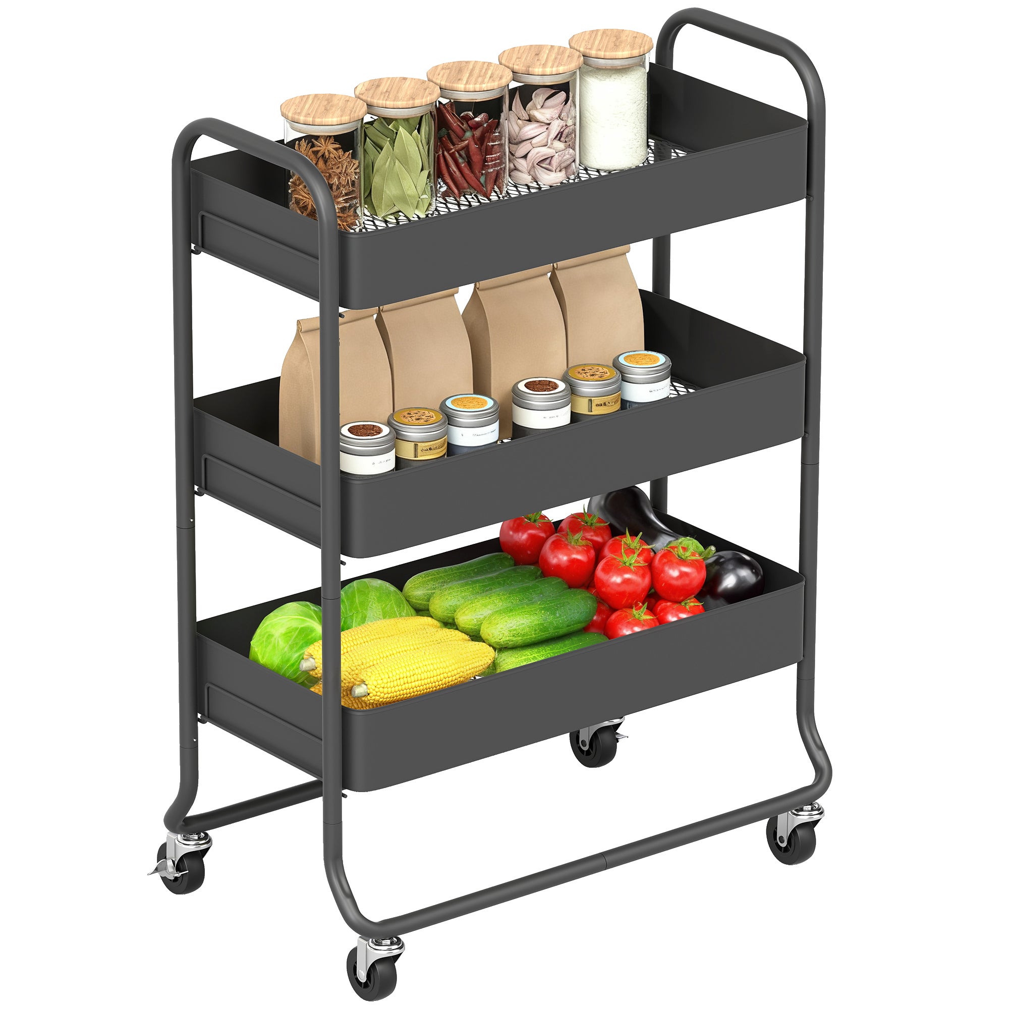 Carrello da cucina HOMCOM, 3 cestelli, 4 ruote, in metallo, nero ...
