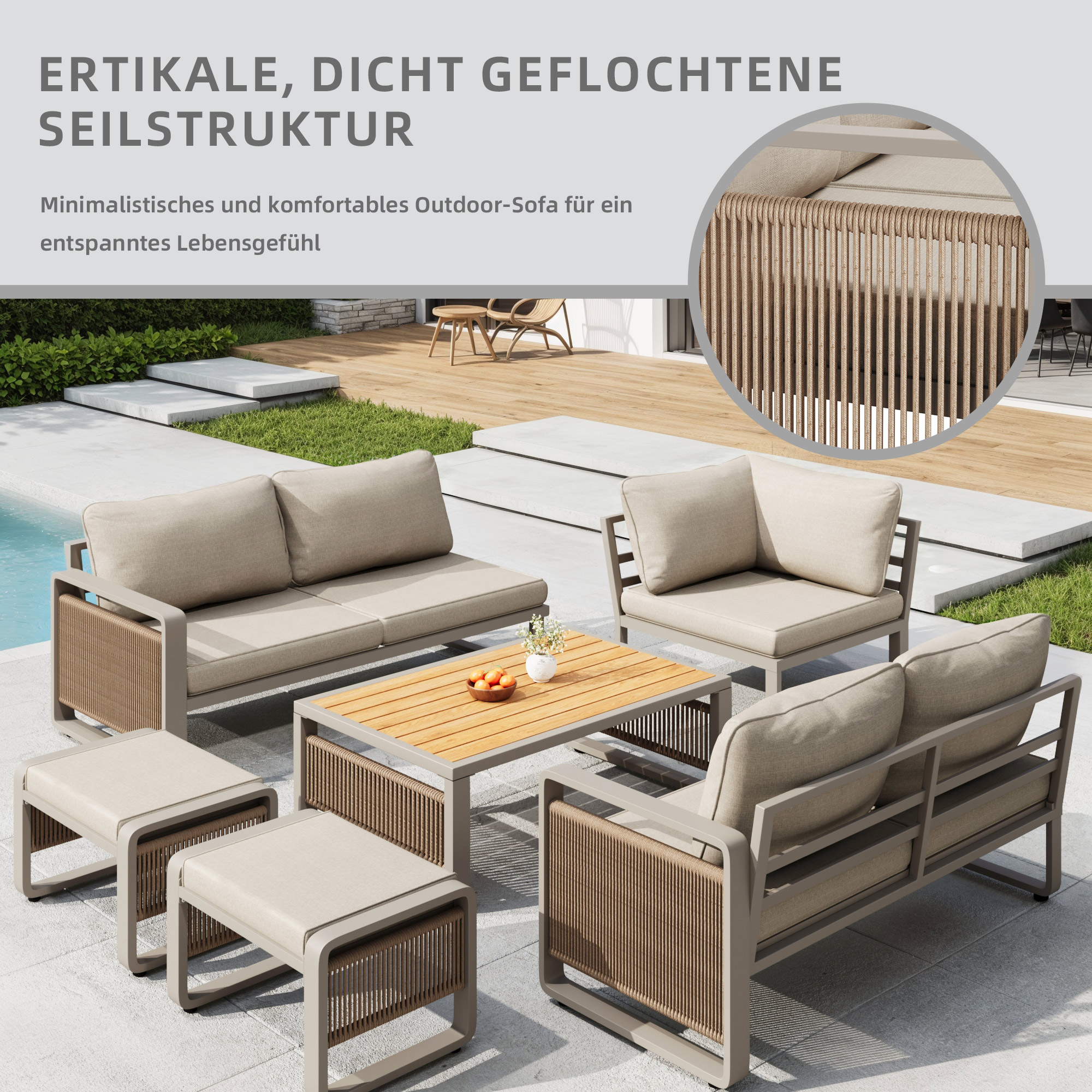 Salon de jardin corde tissée à la main pour 6-7 personnes,avec pieds de chaise réglables,Ensemble de canapé d'angle extérieur avec table basse,Beige - 6