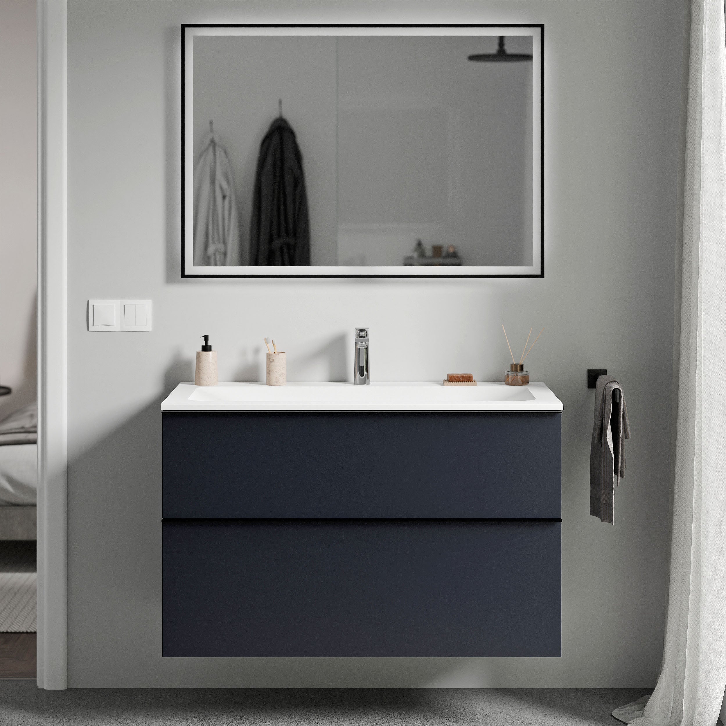 BERNSTEIN - Mobile lavabo sospeso MDF Blu notte opaco, lavabo Ghisa ...