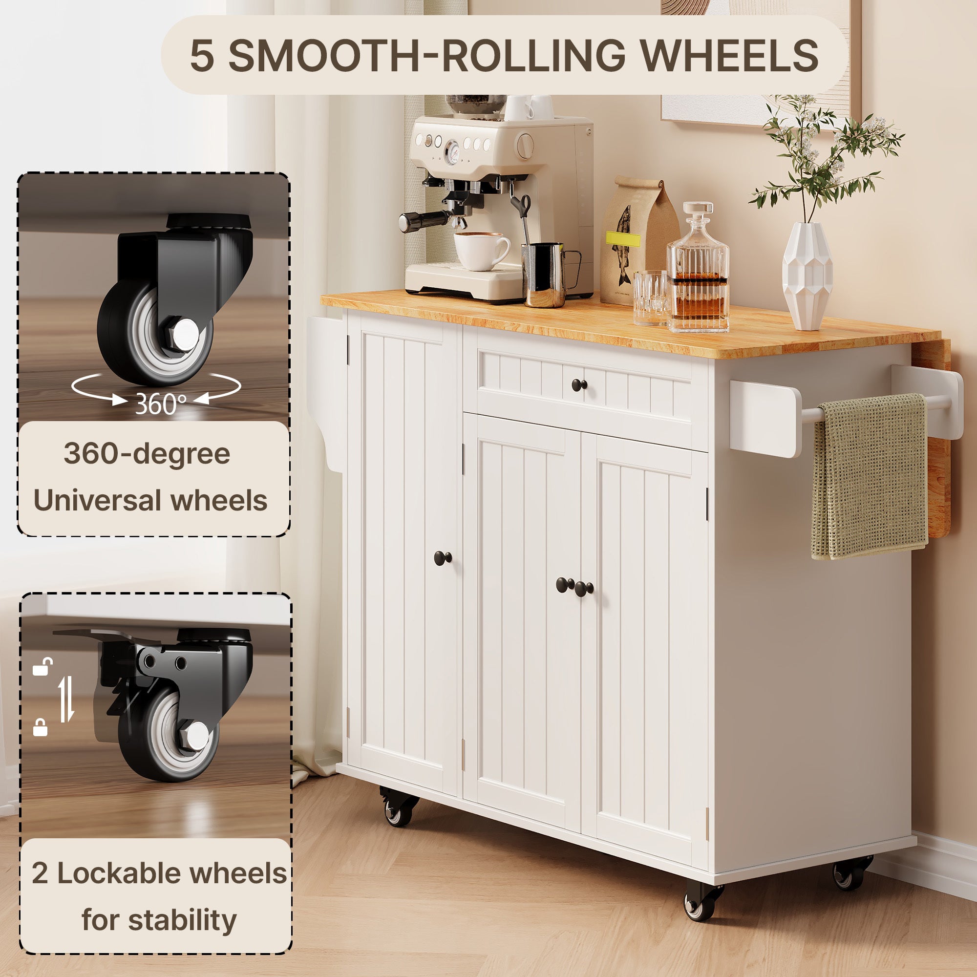 Ilha de cozinha móvel com 3 portas e 1 gaveta, tampo extensível 130x45(75)x88 cm, MDF branco e natural, Bealife - 6