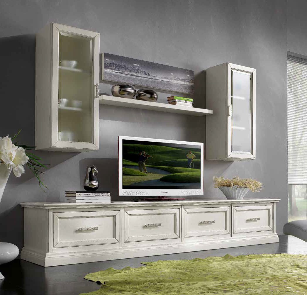 MOBILI 2G PARETE ATTREZZATA PORTA TV IN LEGNO SHABBY BIANCO L