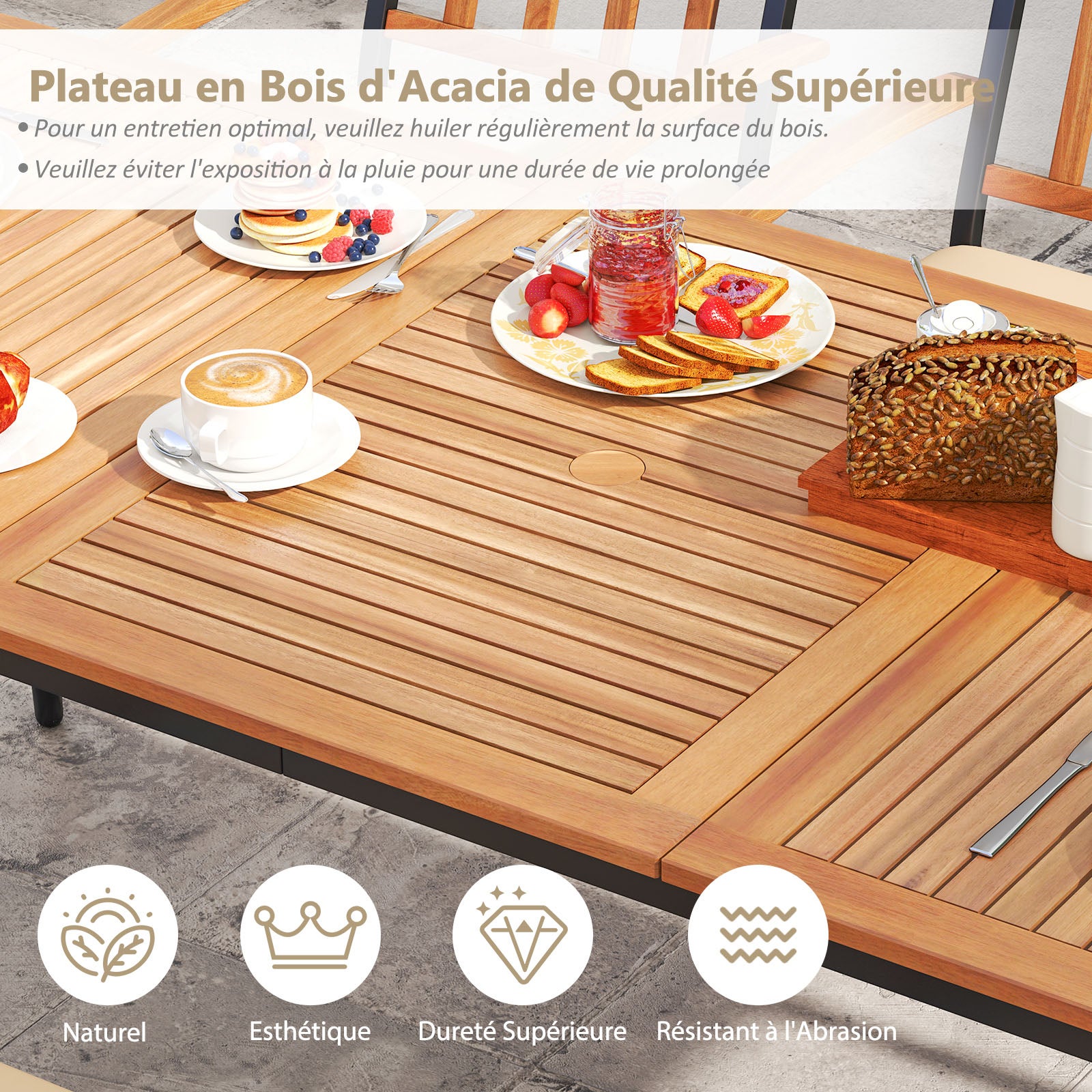 Table à Manger Extérieur en Bois d'Acacia Certifié FSC pour 8 Personnes, Table 200x90 cm avec Trou pour Parasol 5 cm, Pied en Métal 3 - 4