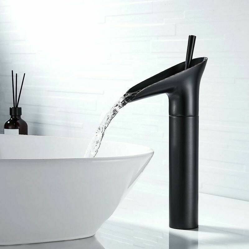 Rubinetto Lavabo Bagno A Cascata Moderno - Miscelatore Alto In Ottone Con Finitura Nero Opaco, Facile Installazione