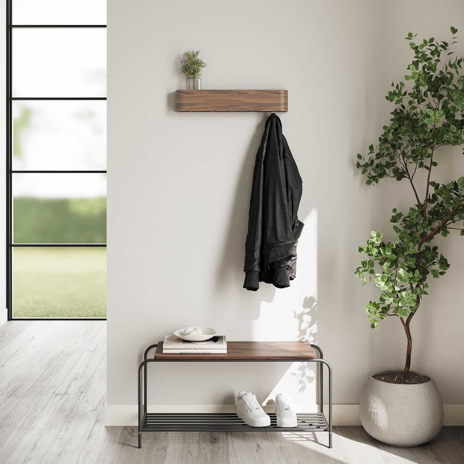 Perchero de pared de madera | Diseño moderno con ganchos ocultos | Panel de chapa de madera maciza | Nogal - 5