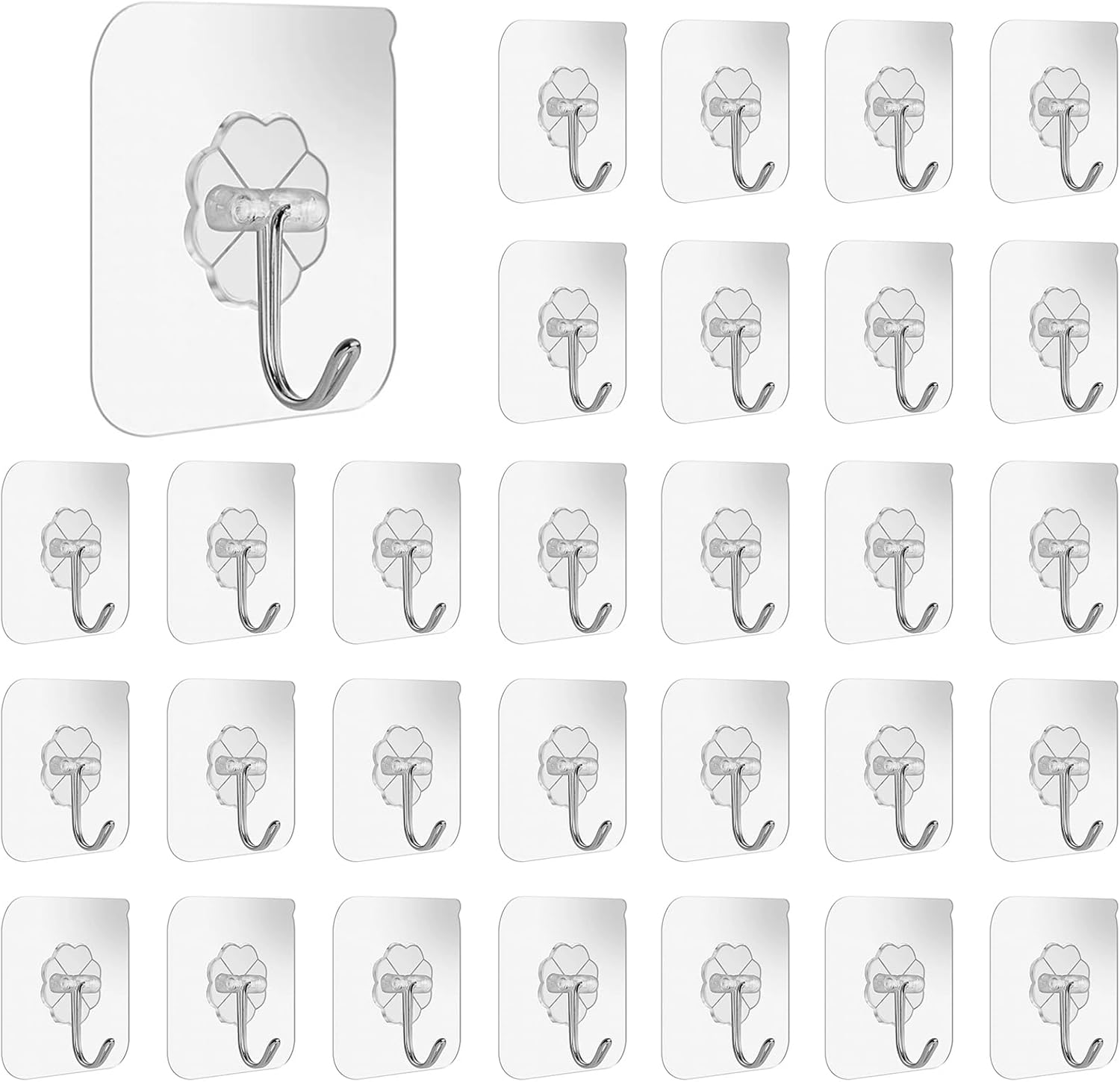 Opakowanie 30 samoprzylepnych haczyków, bez wiercenia, przezroczystych i wodoodpornych, do kuchni, łazienki i na ścianę.