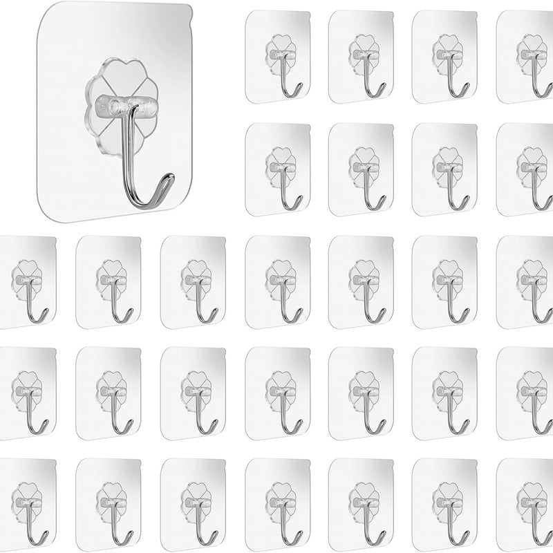 Opakowanie 30 samoprzylepnych haczyków, bez wiercenia, przezroczystych i wodoodpornych, do kuchni, łazienki i na ścianę.