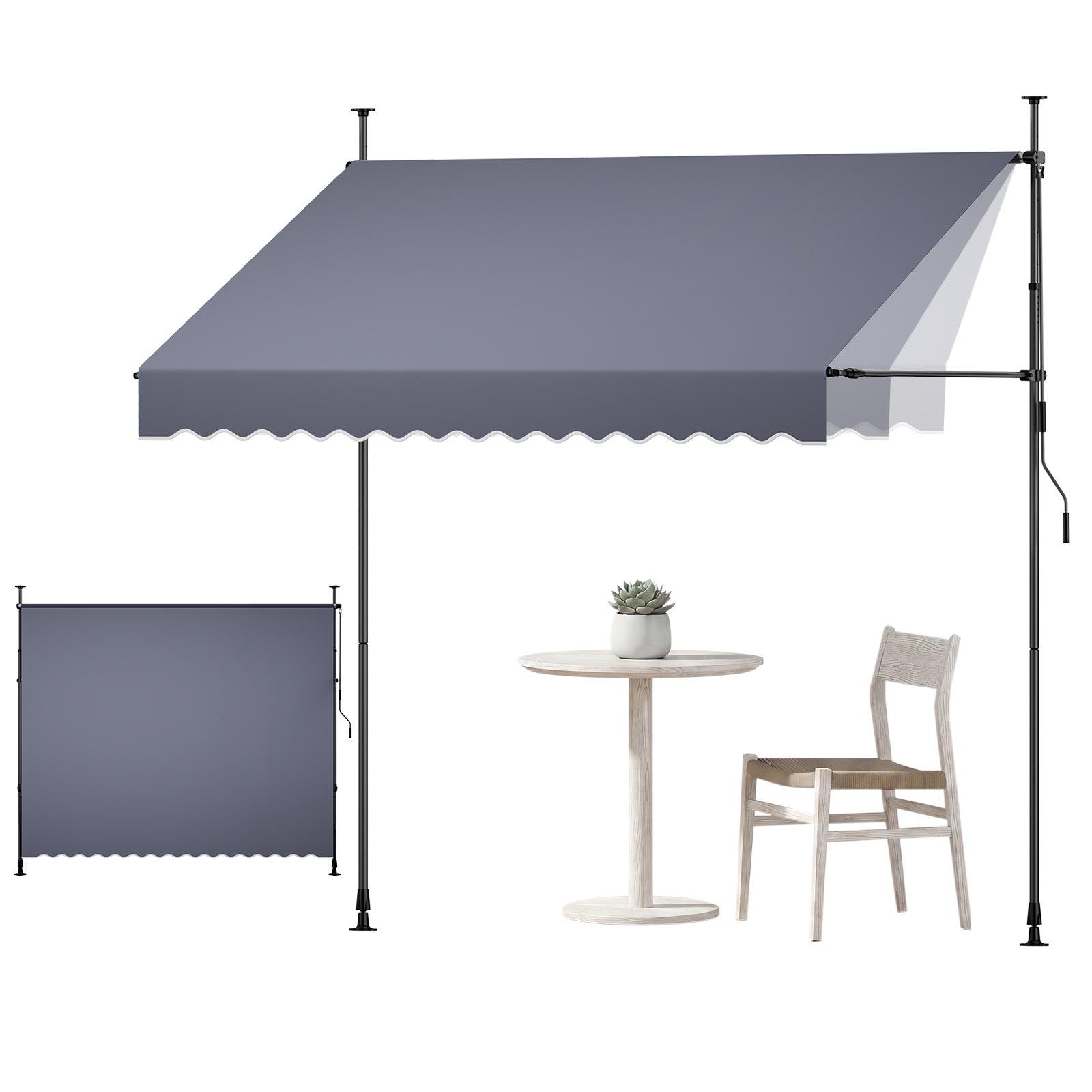 Copertina manuala VEVOR fara gaurire Copertina retractabila 300 cm pentru terasa si balcon, cu manivela, inaltime reglabila 210-310 cm