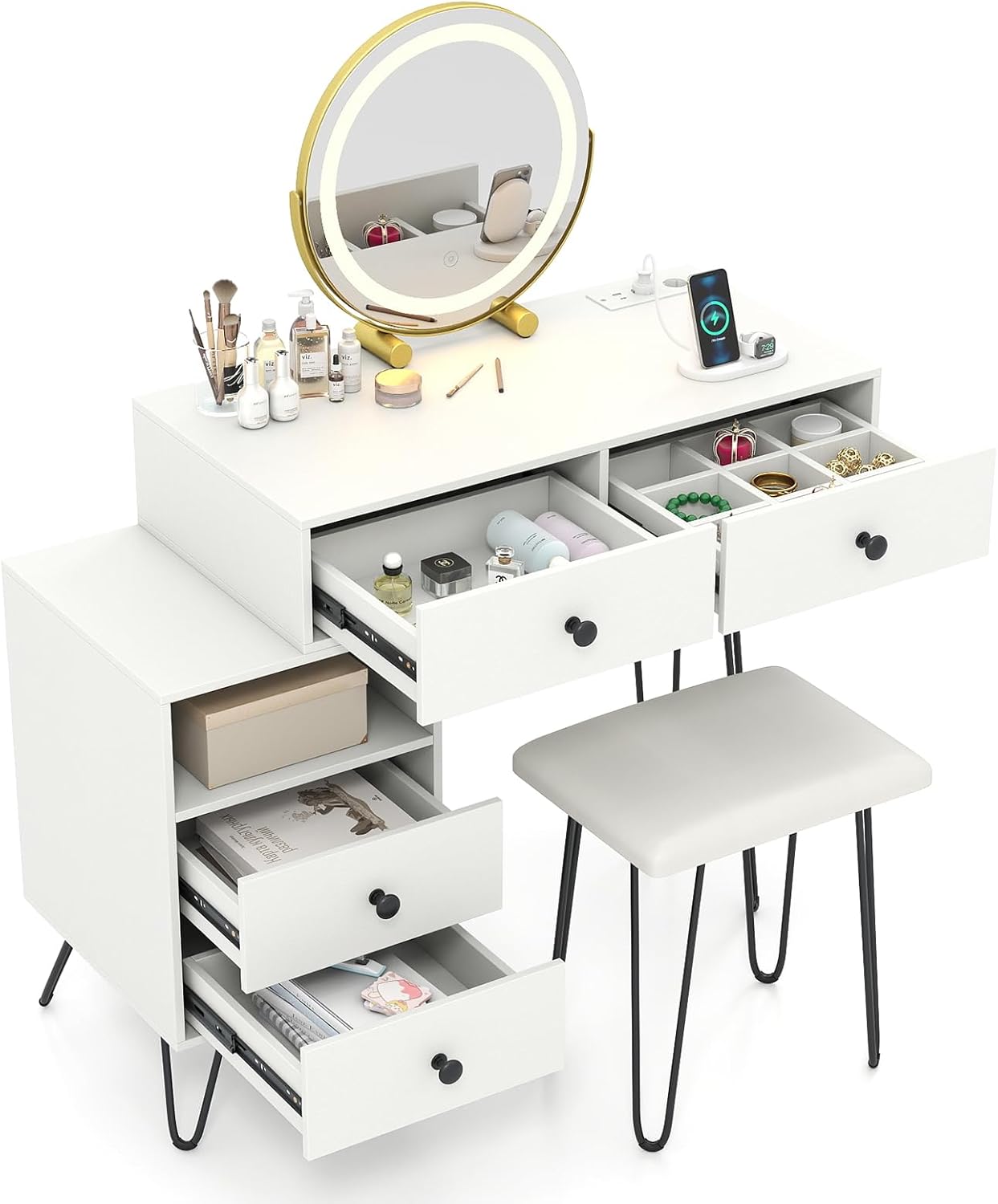 Coiffeuse Avec Miroir LED Et Tabouret - 4 Tiroirs 6 Étagères - Éclairage 3 Modes Réglable - Meuble Maquillage