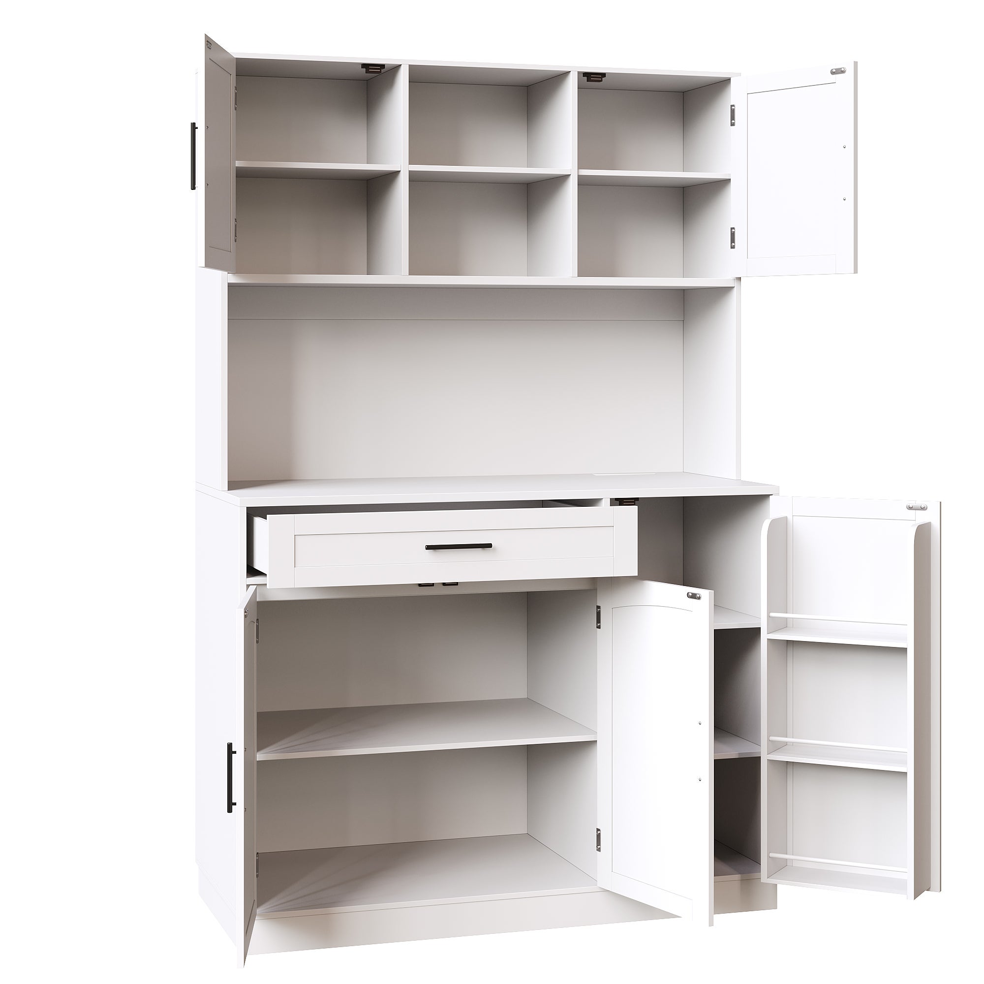 Kredens kuchenny z 5 drzwiami, 1 szufladą i 2 otwartymi przegrodami - 110 x 38 x 180 cm - diody LED i port ładowania - płyta MDF - biały - 8