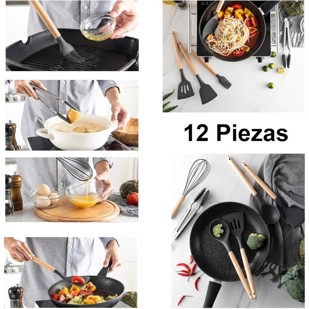 Set de utensilios cocina de silicona 12 piezas juego para cocinar con mango de madera resistentes al calor y Antiadherentes gris - 4