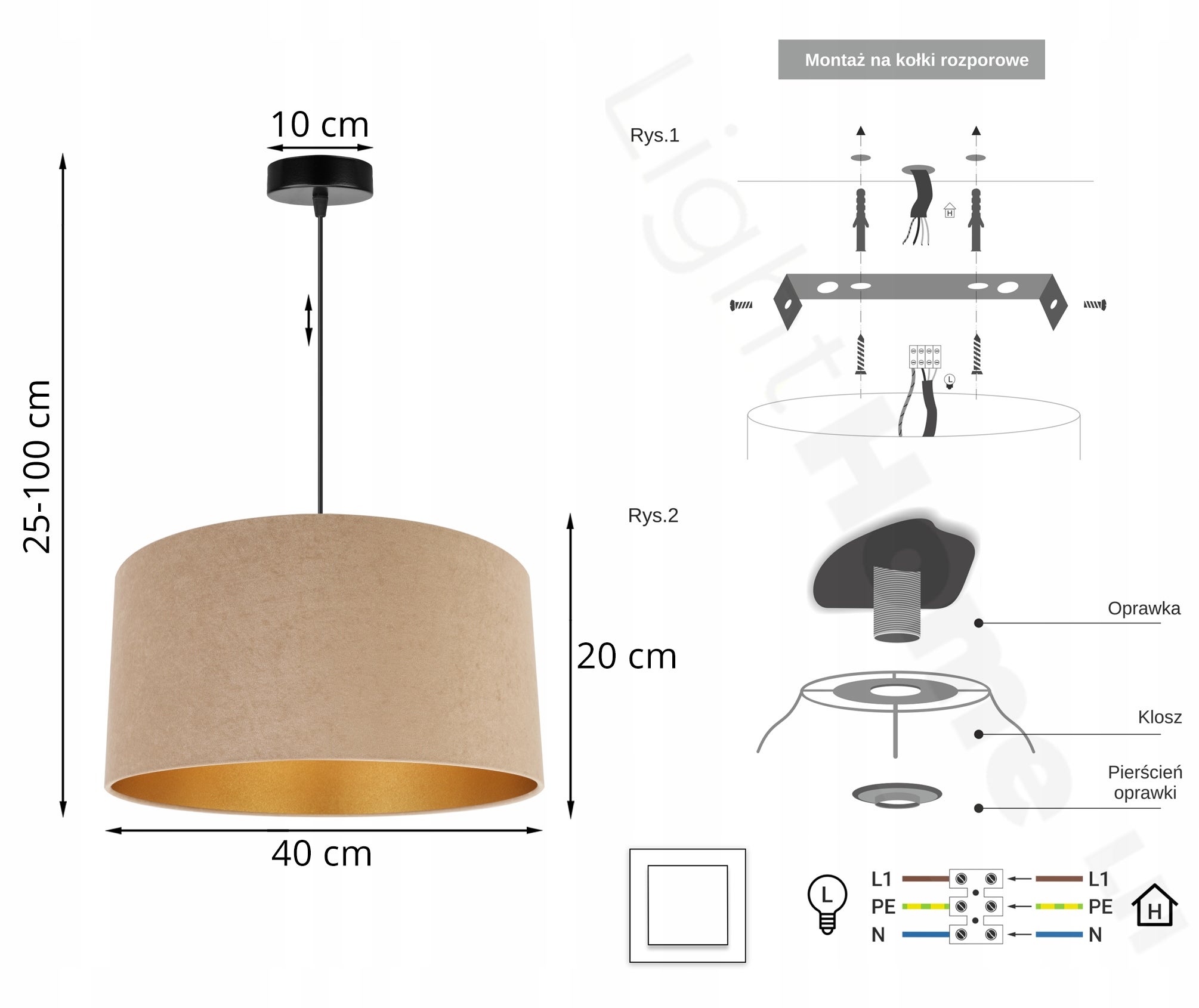 Lampa sufitowa wisząca modern 1xE27 klosz okrągły złoty/beżowy Light Home LH - 7